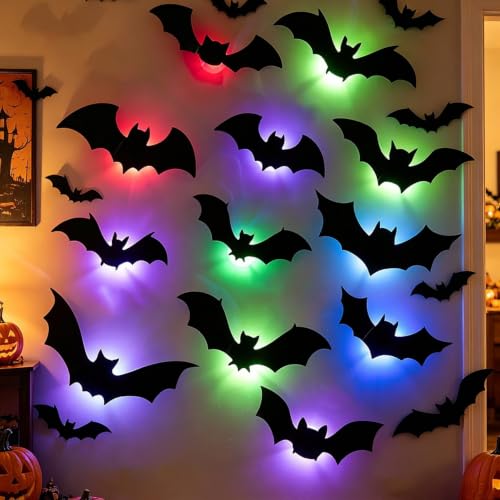 Halloween Bat Wall Stickers 48 Pack with Colorful LED Lights - 3D Glowing Gothic Decorations, Style2-48pcs