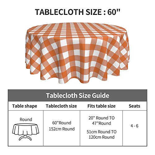 Fall Orange White Buffalo Plaid Tablecloth 60 Inch Round Polyester - Autumn Home Decor