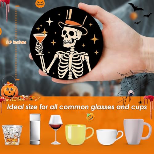 Halloween Ghost & Skeleton Coasters Set of 6 - Ceramic Stone Drink Protectors with Cork Bottom & Holder - Skeleton Castle Ghost Variation