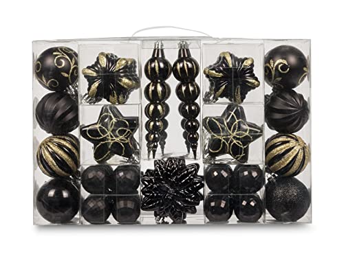 Assorted Shatterproof Christmas Ornaments Set - Black, 73 Pieces, Gift Package