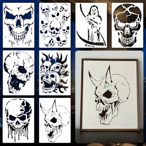Halloween Skull Stencil Set - Reusable 10x7 Inch Wall Art & Craft Templates - White