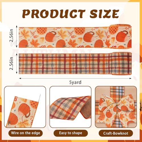 Fall Pumpkins and Maple Leaf Wired Edge Ribbon Set - 2 Rolls, 5 Yards Each, Autumn Thanksgiving Decor