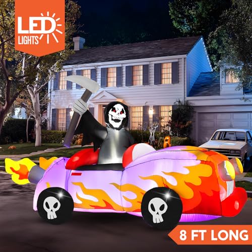 8ft Halloween Inflatable Grim Reaper Driving Car Outdoor Decoration with LED Lights