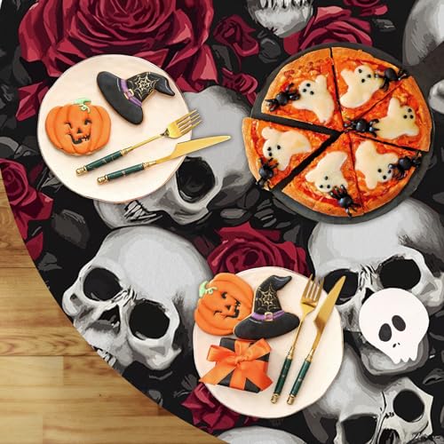Halloween Gothic Skull Rose Round Tablecloth 70 Inches - Spooky Party Decor