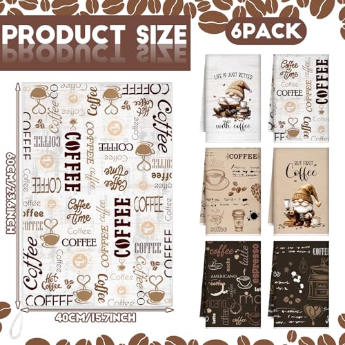 Kitchen Towels Set - 6 Absorbent Coffee Themed Dish Cloths for Cooking & Baking