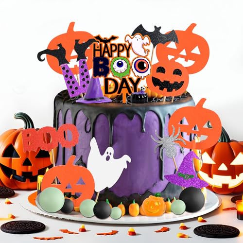 Halloween Cake Decorations Set with Pumpkins, Ghosts, Witches & Boo Signs