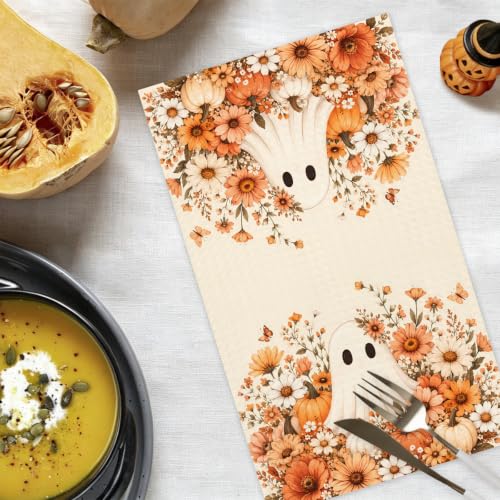 Halloween Kitchen Towels Set - Fall Floral Ghost Dish Hand Towels, 2 Pcs, Variation Towe20
