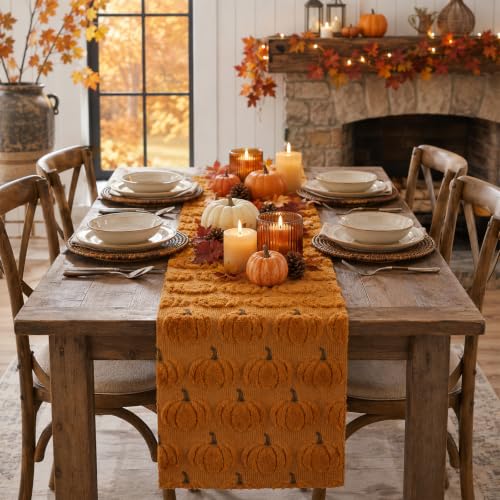 Fall Halloween Table Runner Caramel Pumpkin Decor 13x72 Inches