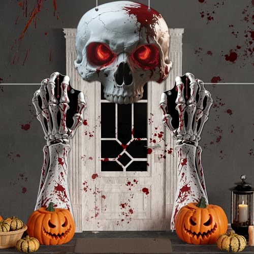 Halloween Skull Door Banner Set with Bloody Skeleton Garlands - Gothic Porch Decorations for Haunted House & Party