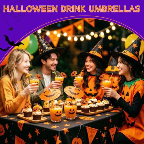 Halloween Pumpkin Cocktail Umbrellas Set - 100 Assorted Spooky Drink Picks