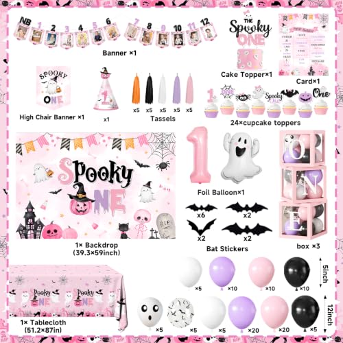 Pink Halloween Birthday Decorations Kit for Girl, 1st Birthday Party Supplies with Backdrop, Balloons, Cake Toppers & More