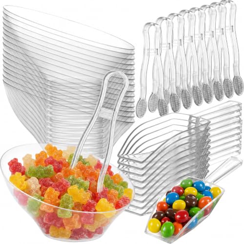 Clear Plastic Candy Bowls Set 6 oz 32 Pieces with Tongs & Scoops for Buffets