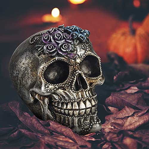 Small Silver Skull Statue with Roses & Beads - Halloween Day of The Dead Decor