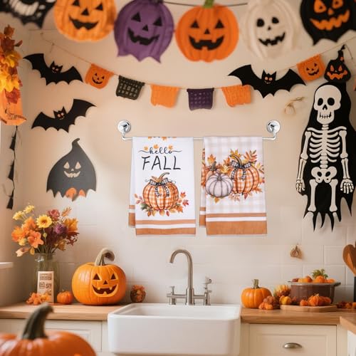 Fall Pumpkin Kitchen Towels - Autumn Dish Hand Towels Set of 2
