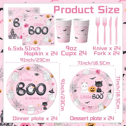 Pink Halloween Baby Shower Dinnerware Set - Plates Napkins Cups for Girl Party, 144pcs