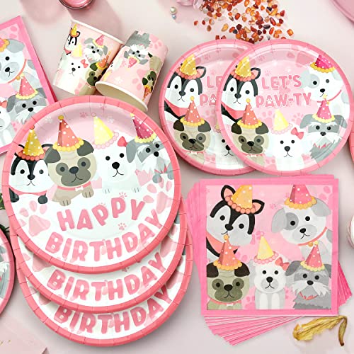 Dog Party Decorations Set for Puppy Birthday - Pink Paw & Puppy Theme Supplies, Serves 40