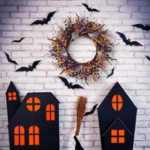Halloween Wreath for Front Door 22 Inch Black Skeleton Decor with Berries