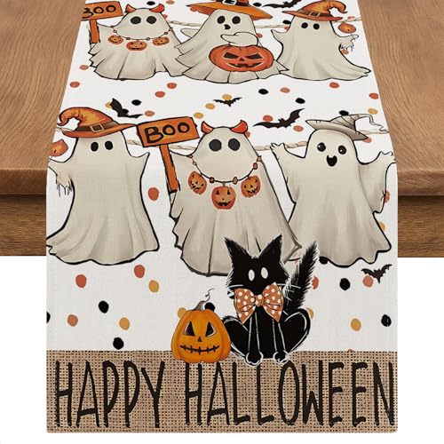 Halloween Table Runner with Cute Ghosts Black Cat and Pumpkin 13x72 Inches Festive Fall Decor