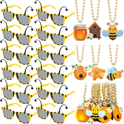 Ecally Bee Party Favors Set - 12 Bee Sunglasses & 12 Bee Necklaces for Halloween & Birthday