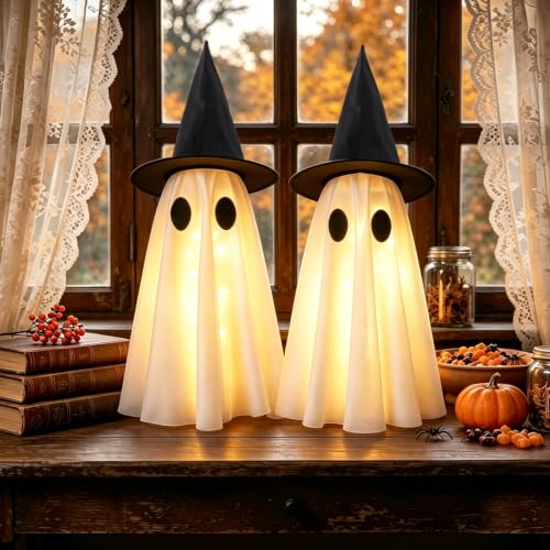 2-Pack Indoor Light-Up Ghost Halloween Decorations with Witch Hats - Spooky & Cute