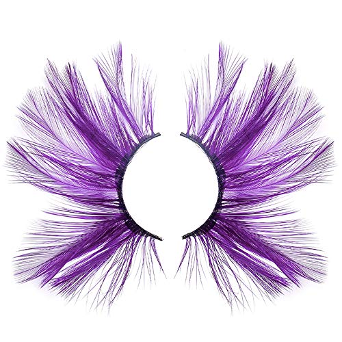 Purple Feather Dramatic Halloween False Eyelashes - Cat Eye Style, Extra Long, Festival Costume