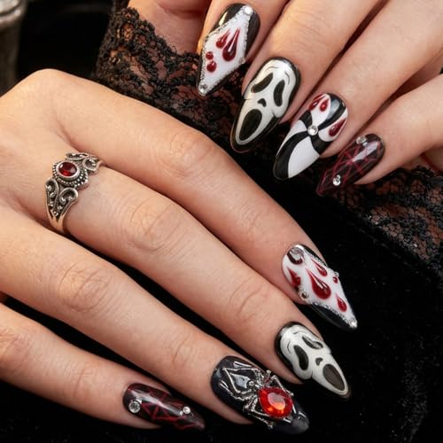 Halloween Press On Nails Gothic Black Red Spider Charms Ghost Almond Nails - Variation 10