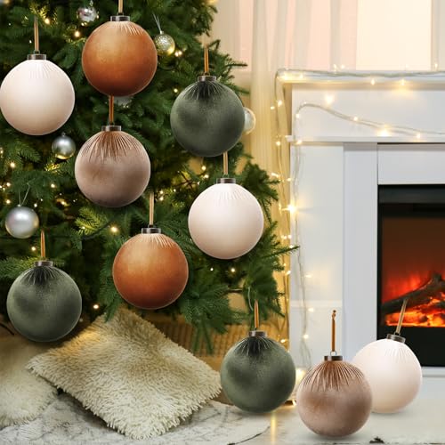 12-Pack Large Velvet Christmas Ornaments - Flocked Shatterproof Xmas Tree Balls - 6 Inch Green & Brown Variation