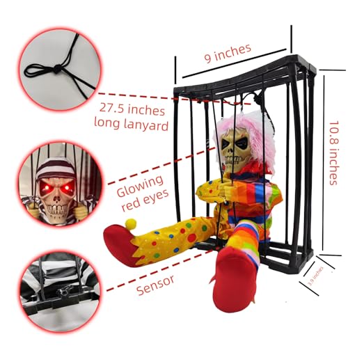 Lighted Evil Clown in Cage Halloween Hanging Decoration with Motion Sensor - Creepy Haunted Horror Prop - Clown Variation