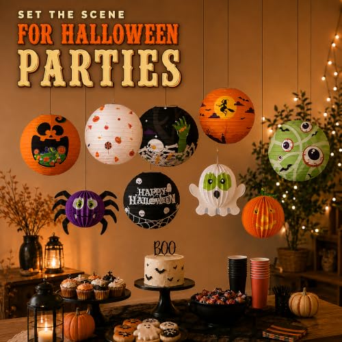 Halloween Paper Lanterns Set with 3D Shapes and Spooky Patterns - Indoor Outdoor Decor
