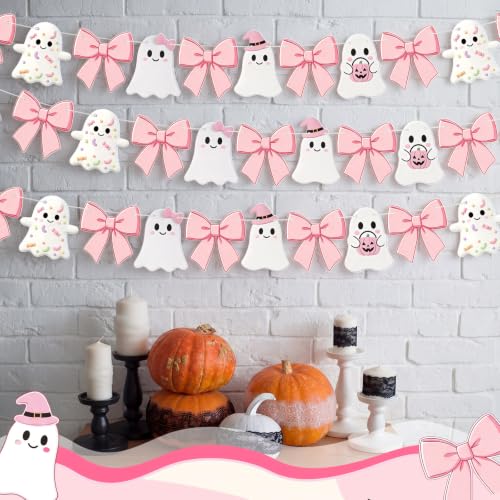 Pink Bow Ghost Halloween Banner Decorations - Party Set of 3