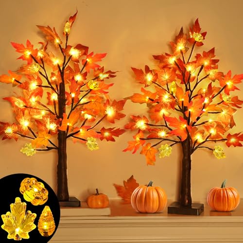 24 Inch Fall Maples Tree Decor Set - 2 Pack Prelit Autumn Trees with LED Lights