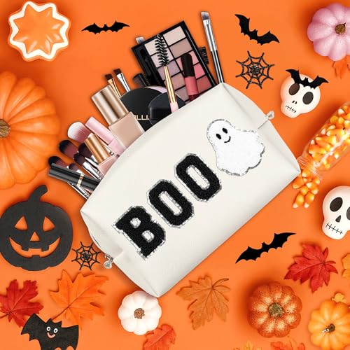 White Halloween Makeup Bag - Cosmetic Travel Pouch with Chenille Letter Design