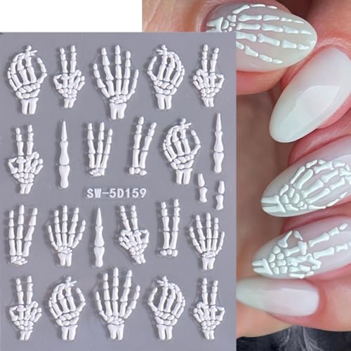 Halloween Nail Stickers Kit - 3 Sheets Embossed Skull & Skeleton Design - Variation 5D Embossed Skull Skeleton-17