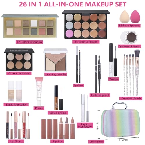 12 Color Makeup Kit for Women & Teens with Eyeshadow, Foundation, Lipstick & Brushes - Full Makeup Set