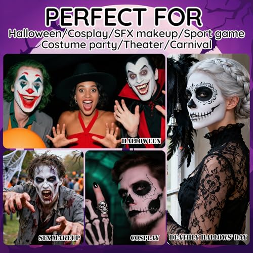 Halloween Face Paint Kit for Demon Joker Makeup - Black White Red + Spider-Man Variation