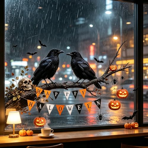 Halloween Crow Window Clings - Pumpkin & Whimsical Fall Decals for Glass