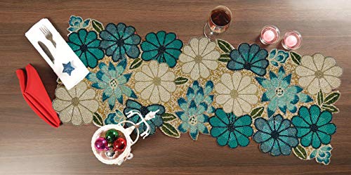 Christmas Beaded Table Runner 13x36 Inch - Teal Multi, Rustic Farmhouse Style