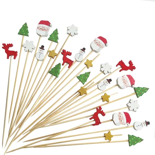 Christmas Cocktail Picks 100 Pcs Santa Snowman Elk Tree Bamboo Party Decorations