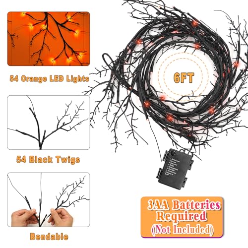 6 FT Halloween Willow Vine Garland with 54 LED Orange Lights & 8 Modes
