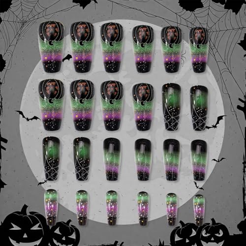 Halloween Fake Nails - 32 Medium Square Press-On Nail Designs for Women - Pumpkin & Spider Web