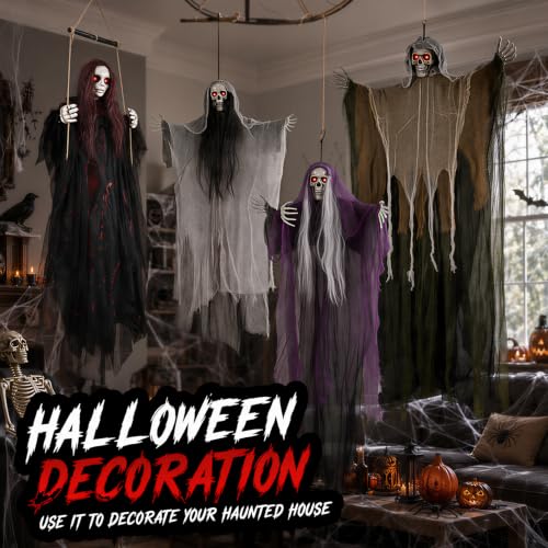 Hanging Ghost Halloween Decorations Outdoor 59-Inch Swinging Ghost Doll with Glowing Eyes
