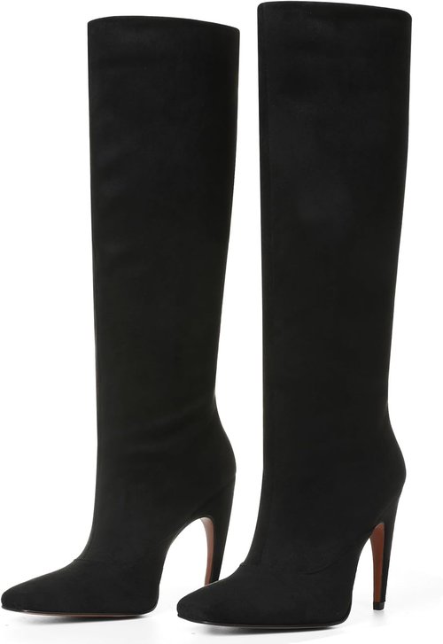 Femflame Knee High Boots - Wide Calf Suede Long Boots with Square Toe & Stiletto Heel