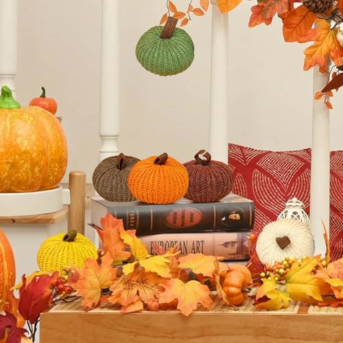 Mini Crochet Pumpkins Artificial 6 Pack Fall Decor Knit Pumpkins for Thanksgiving Halloween Autumn Home