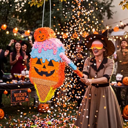 Large Halloween Pumpkin Piñata - Orange Ice Cream Cone Decoration, 21 Inch