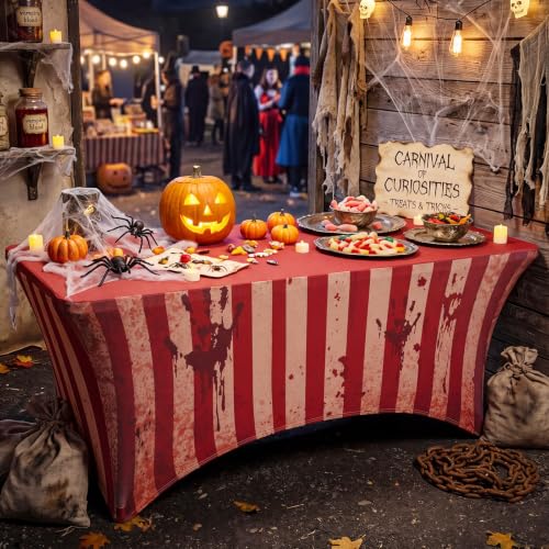 Creepy Carnival Halloween Tablecloth - Stretch Circus Spooky Decor, 6ft