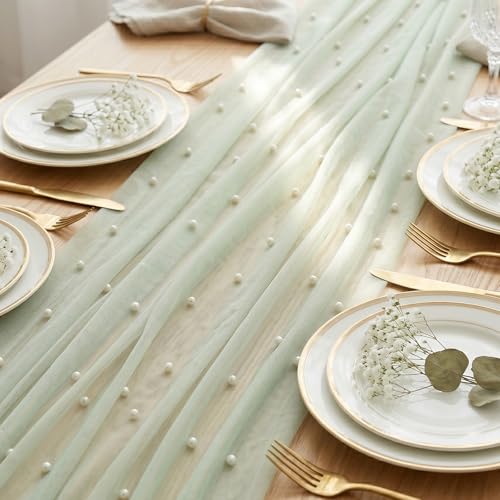 Pearl White Gauze Table Runner 120 Inch with Studded Pearls for Wedding & Party - Light Green Variation