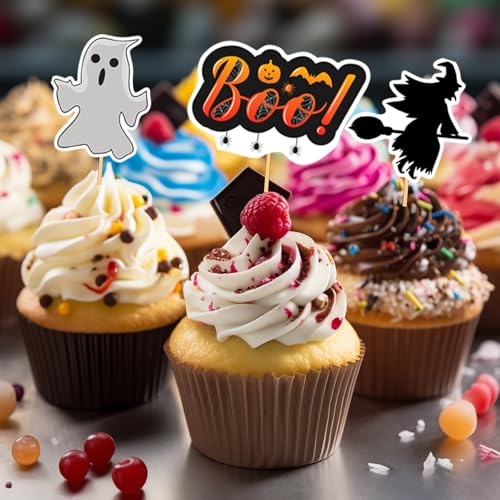 Halloween Cupcake Toppers 40Pcs Spooky Ghost Witch Pumpkin Cat Decorations