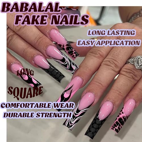 BABALAL French Tip Press On False Nails - Long Black Flame Style, Glue-On Squoval Acrylic Nails, 24Pcs, Variation BNN08flame
