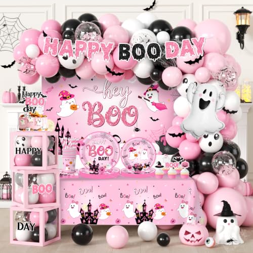 Pink Halloween Birthday Party Decorations Set with Balloon Arch, Plates, Napkins & More