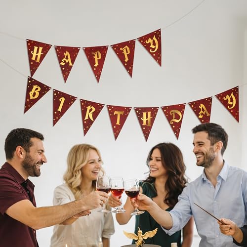 Happy Birthday Banner Set - Burgundy & Gold Wizard Theme Party Decorations
